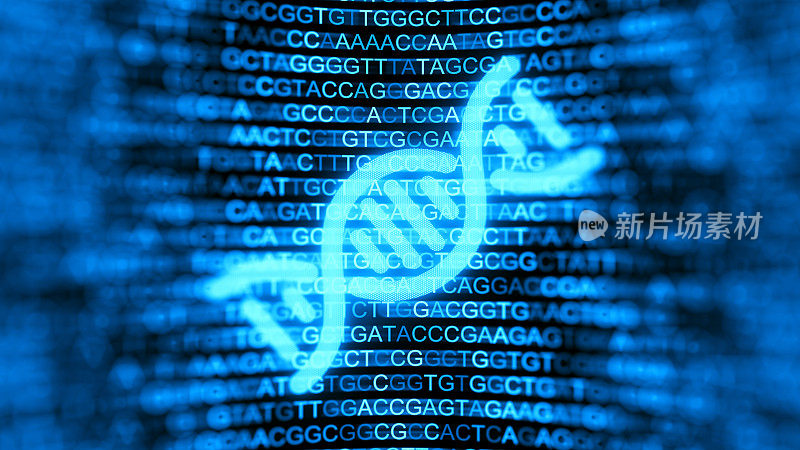 数字屏幕与DNA链和数据背景。双螺旋结构。核酸序列。遗传研究。3 d演示。